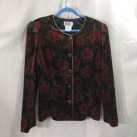Vintage 90s R&K Originals Velvet Floral Jacket Red Gold Jeweled Buttons Size 12 - Picture 1 of 4